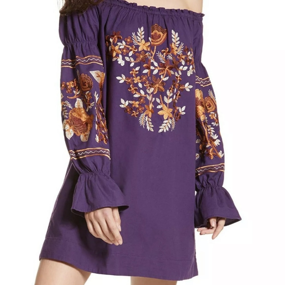 FREE PEOPLE Purple Fleur Du Jour Embroidered Mini Shift Cotton Twill Dress S